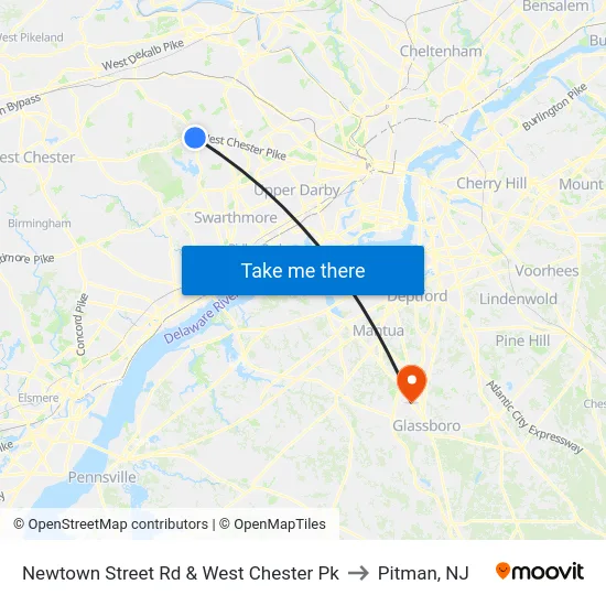 Newtown Street Rd & West Chester Pk to Pitman, NJ map