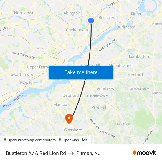Bustleton Av & Red Lion Rd to Pitman, NJ map