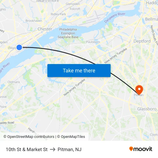 10th St & Market St to Pitman, NJ map
