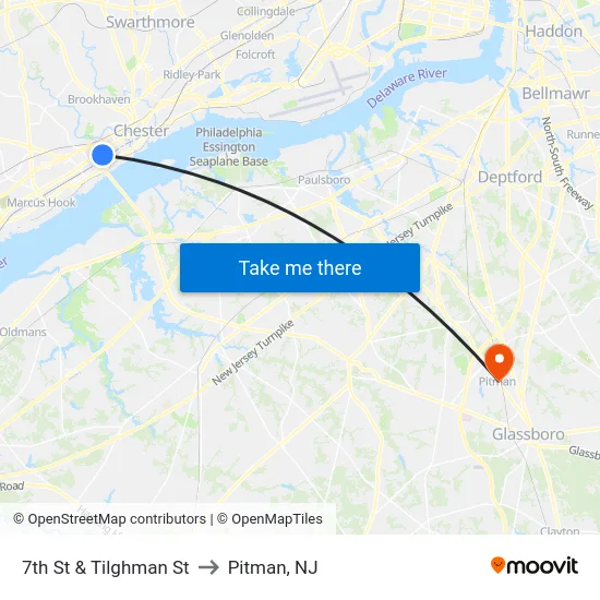7th St & Tilghman St to Pitman, NJ map