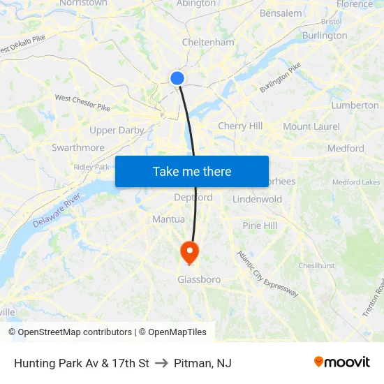 Hunting Park Av & 17th St to Pitman, NJ map