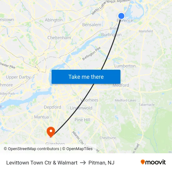 Levittown Town Ctr & Walmart to Pitman, NJ map