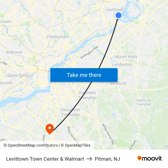 Levittown Town Center & Walmart to Pitman, NJ map