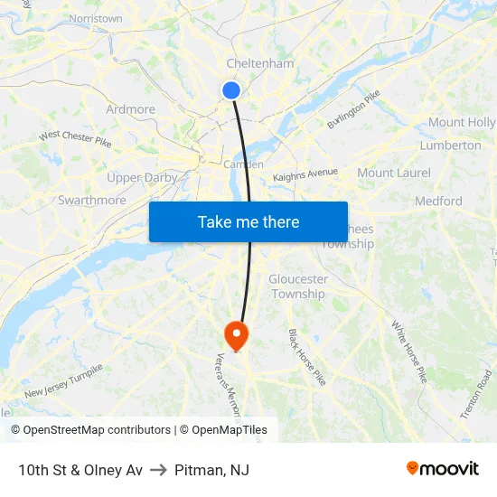 10th St & Olney Av to Pitman, NJ map