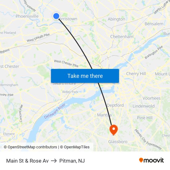 Main St & Rose Av to Pitman, NJ map