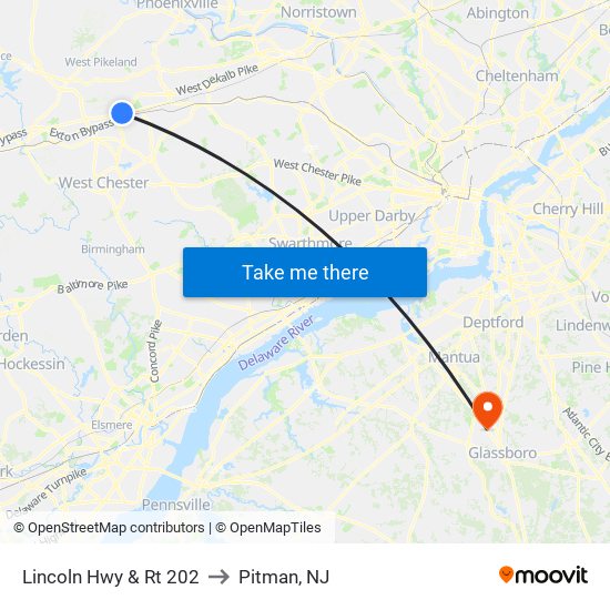 Lincoln Hwy & Rt 202 to Pitman, NJ map