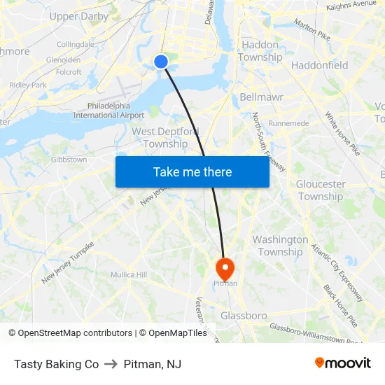 Tasty Baking Co to Pitman, NJ map