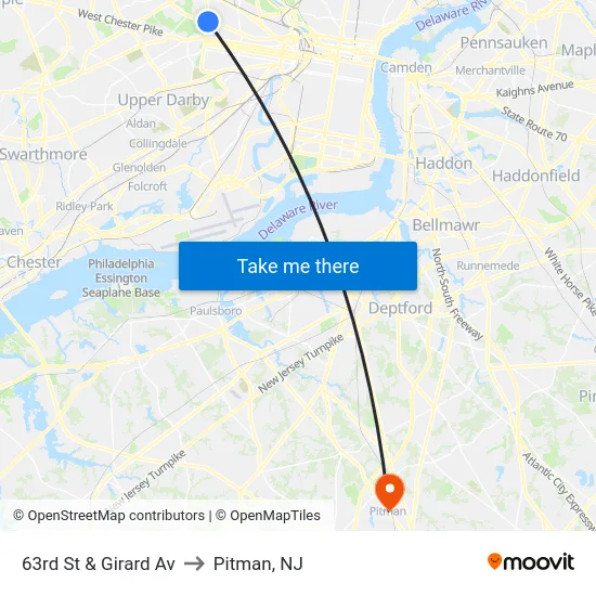 63rd St & Girard Av to Pitman, NJ map