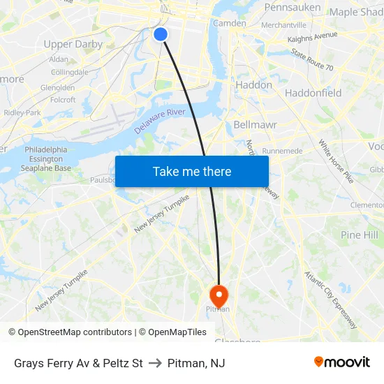 Grays Ferry Av & Peltz St to Pitman, NJ map
