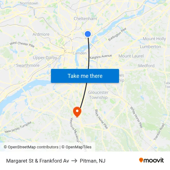 Margaret St & Frankford Av to Pitman, NJ map