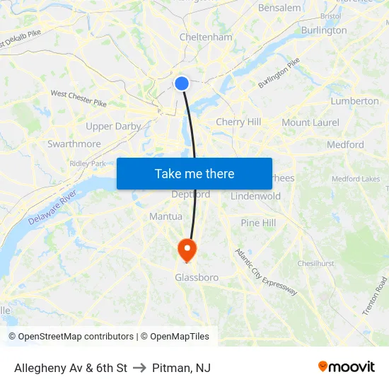 Allegheny Av & 6th St to Pitman, NJ map