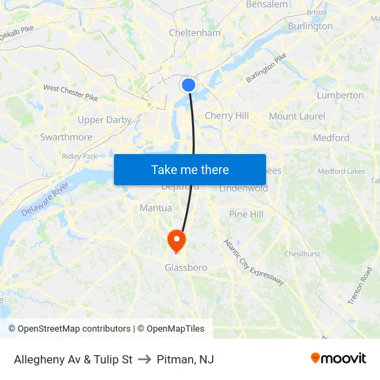 Allegheny Av & Tulip St to Pitman, NJ map