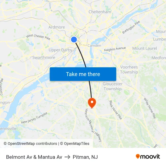Belmont Av & Mantua Av to Pitman, NJ map