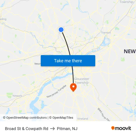 Broad St & Cowpath Rd to Pitman, NJ map