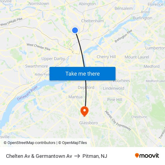 Chelten Av & Germantown Av to Pitman, NJ map