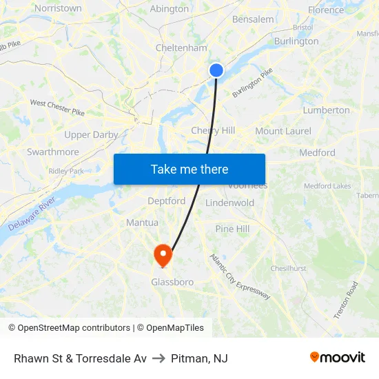 Rhawn St & Torresdale Av to Pitman, NJ map