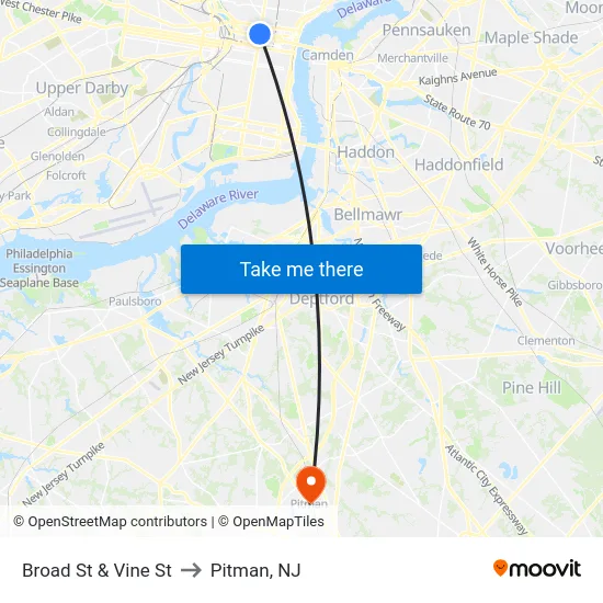 Broad St & Vine St to Pitman, NJ map