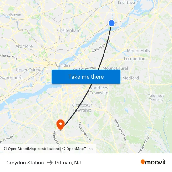 Croydon Station to Pitman, NJ map