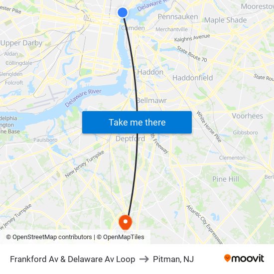 Frankford Av & Delaware Av Loop to Pitman, NJ map