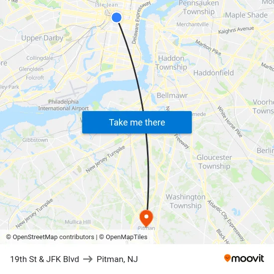 19th St & JFK Blvd to Pitman, NJ map