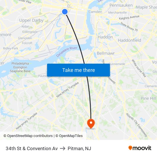 34th St & Convention Av to Pitman, NJ map