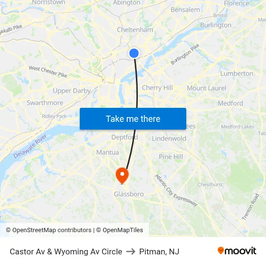 Castor Av & Wyoming Av Circle to Pitman, NJ map