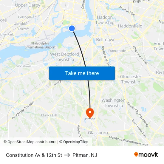 Constitution Av & 12th St to Pitman, NJ map