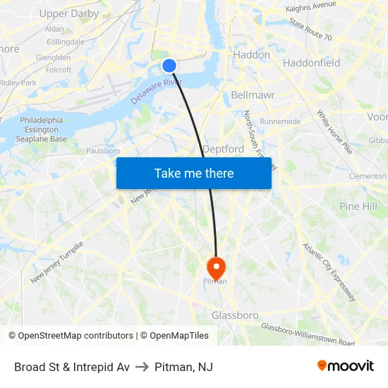 Broad St & Intrepid Av to Pitman, NJ map