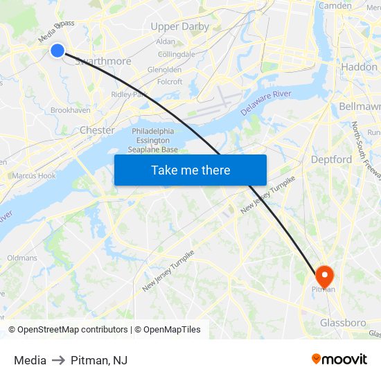 Media to Pitman, NJ map