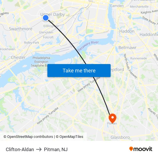 Clifton-Aldan to Pitman, NJ map