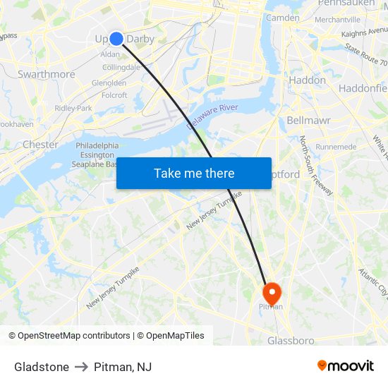 Gladstone to Pitman, NJ map