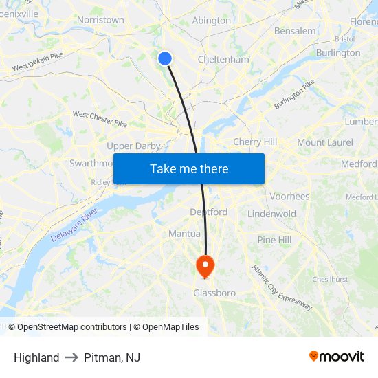 Highland to Pitman, NJ map