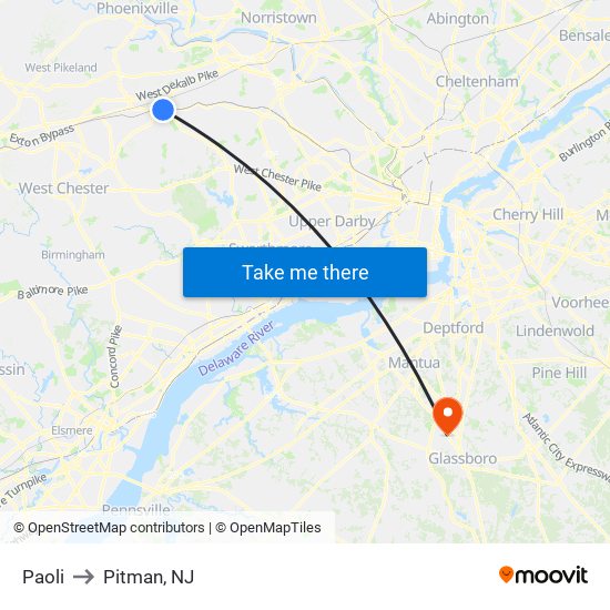 Paoli to Pitman, NJ map
