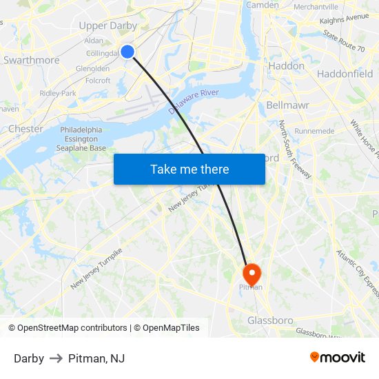 Darby to Pitman, NJ map