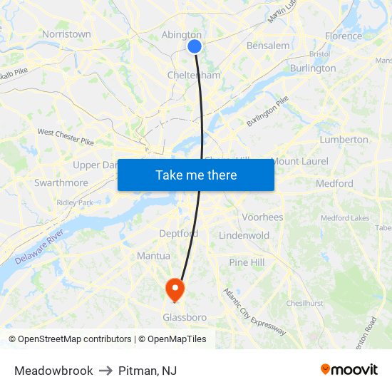 Meadowbrook to Pitman, NJ map