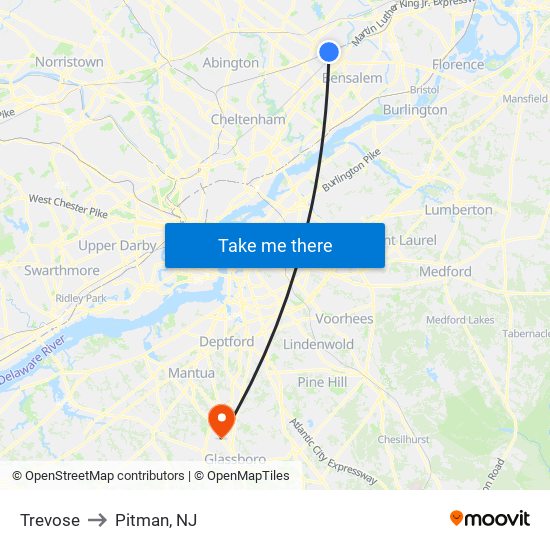 Trevose to Pitman, NJ map