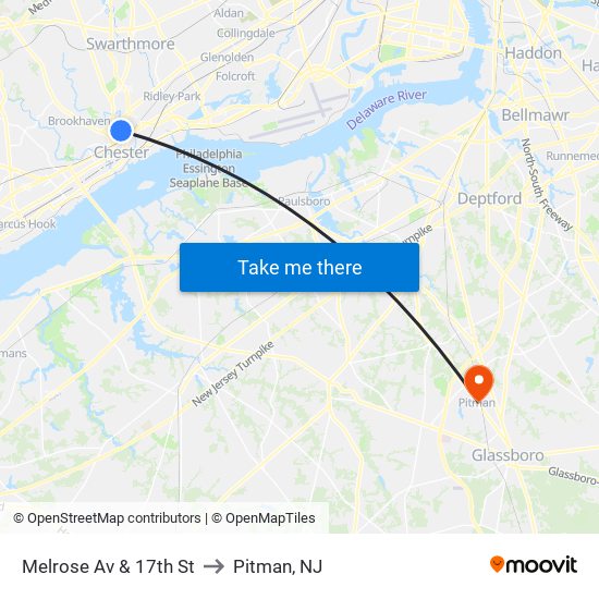 Melrose Av & 17th St to Pitman, NJ map