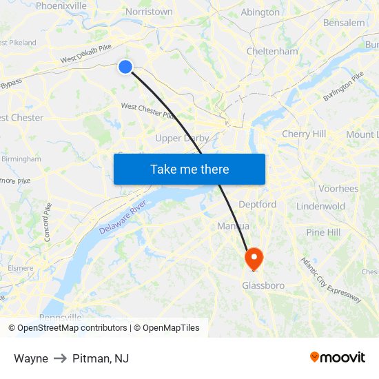 Wayne to Pitman, NJ map