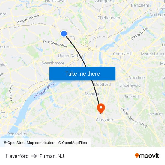 Haverford to Pitman, NJ map