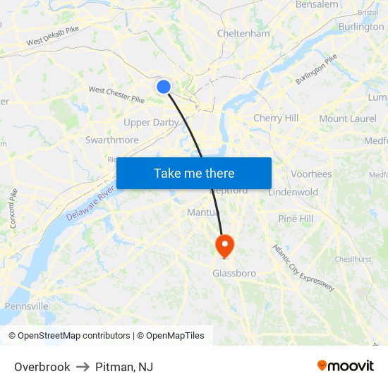 Overbrook to Pitman, NJ map