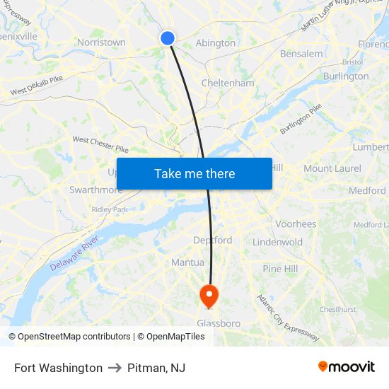 Fort Washington to Pitman, NJ map