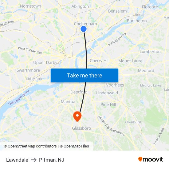 Lawndale to Pitman, NJ map