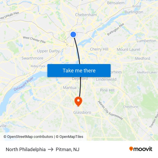 North Philadelphia to Pitman, NJ map