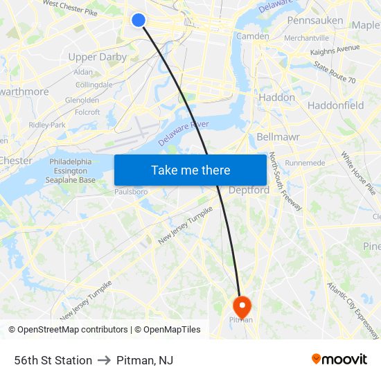 56th St Station to Pitman, NJ map