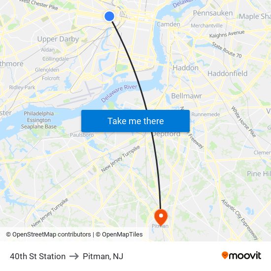 40th St Station to Pitman, NJ map