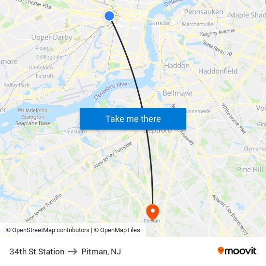 34th St Station to Pitman, NJ map