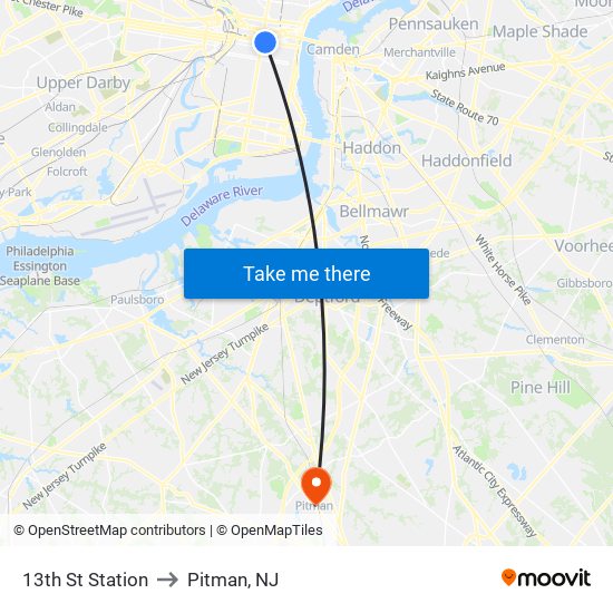 13th St Station to Pitman, NJ map