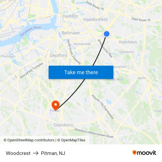 Woodcrest to Pitman, NJ map