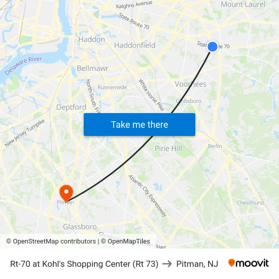 Rt-70 at Kohl's Shopping Center (Rt 73) to Pitman, NJ map
