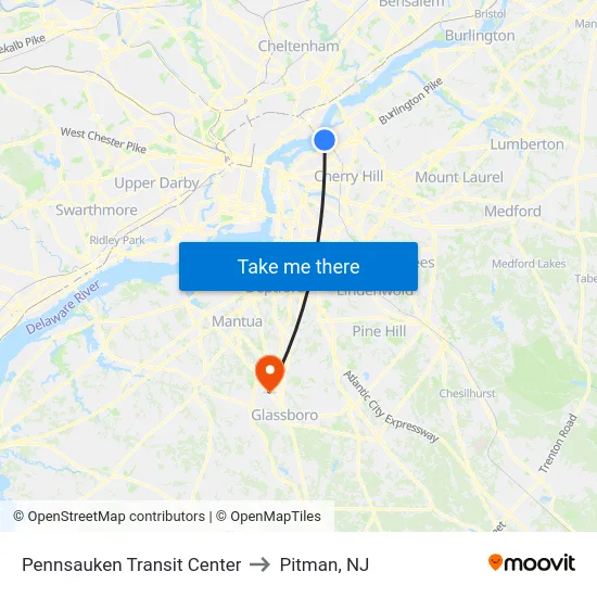 Pennsauken Transit Center to Pitman, NJ map